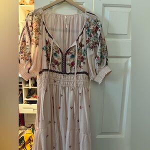 Anthropologie Somerset Boho Floral Dress in Blush with Teal & Rose Accents-L